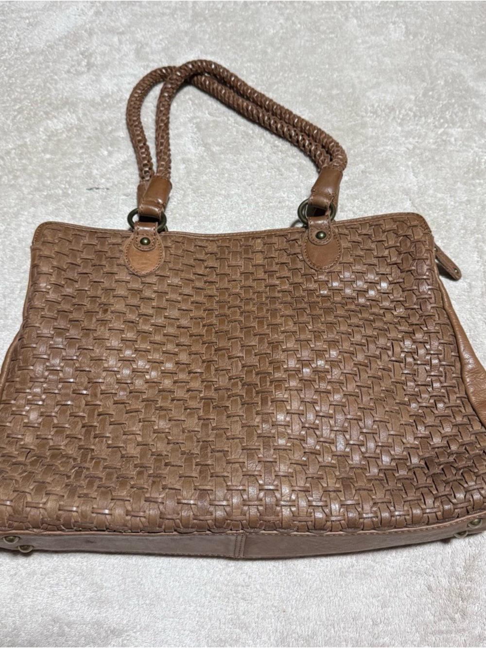 Woven Shoulder Tote Bag in Brown